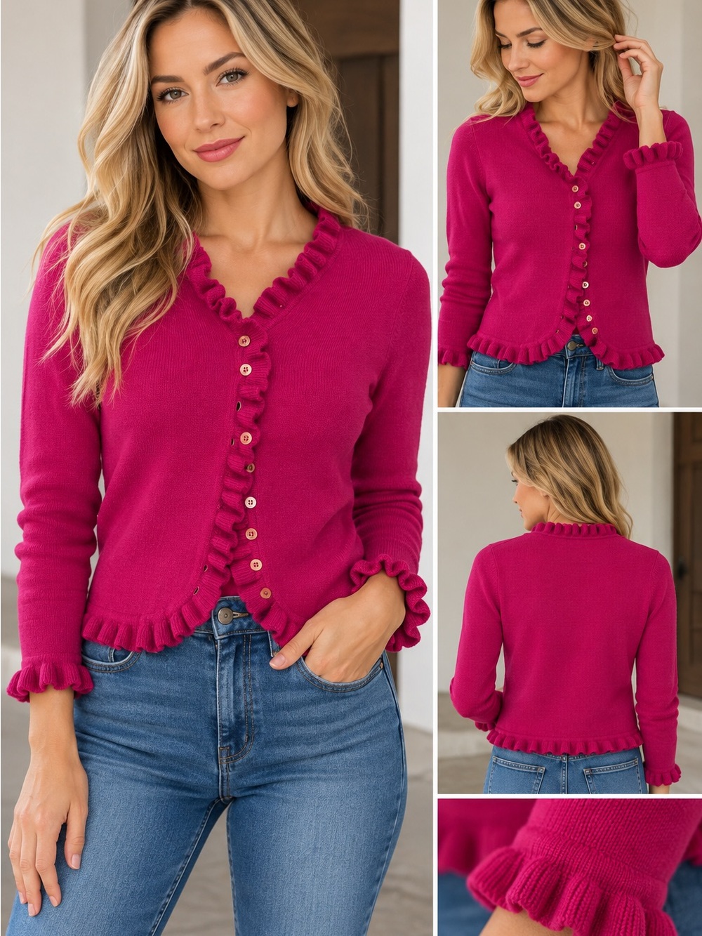 Pure Collection 100% Cashmere Cardigan Womens XS Magenta Pink Ruffle